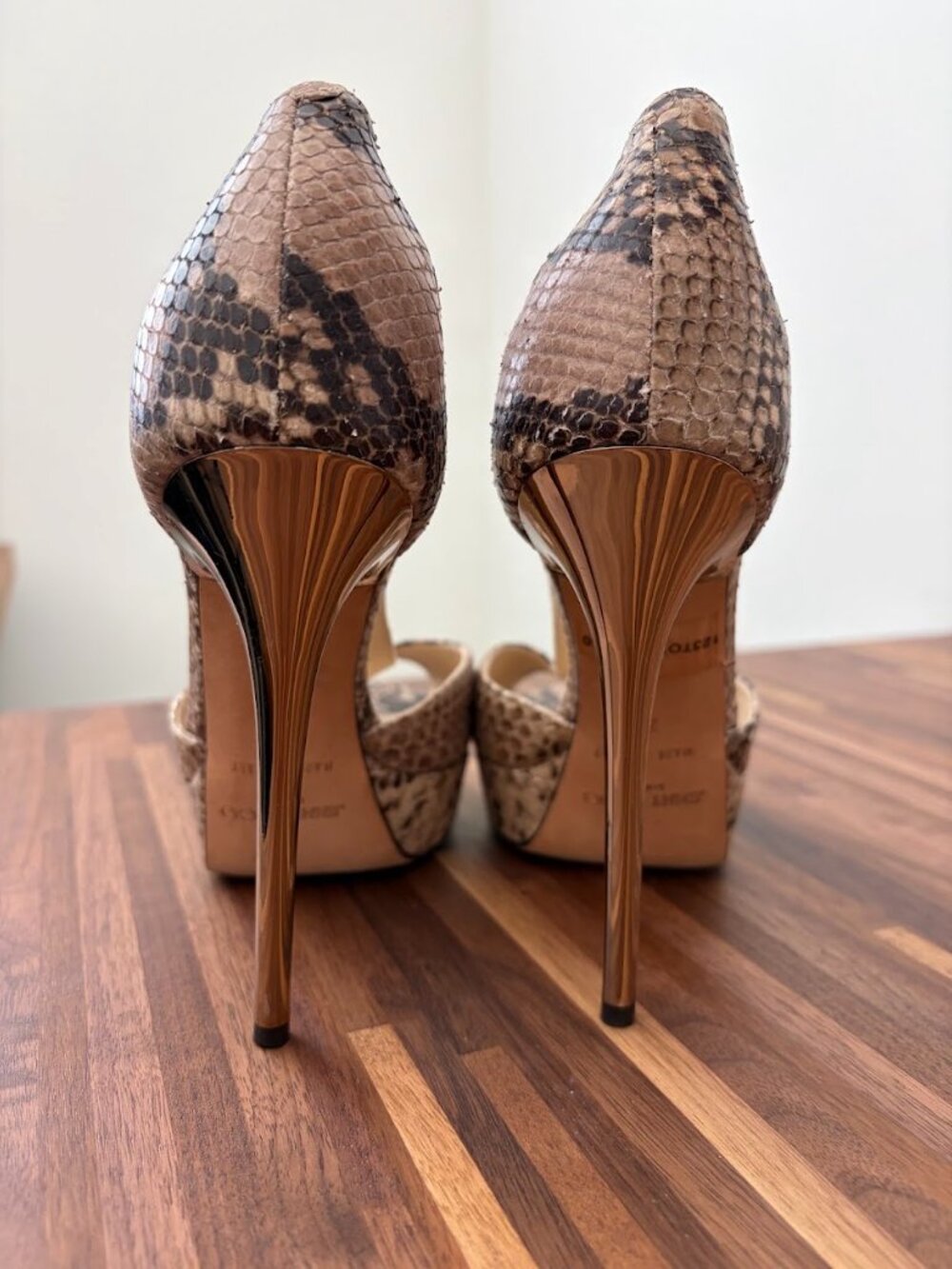 Jimmy Choo Tan & Brown Snakeskin T-Strap Platform Sandals- Size 36 1/2 - Picture 4 of 8